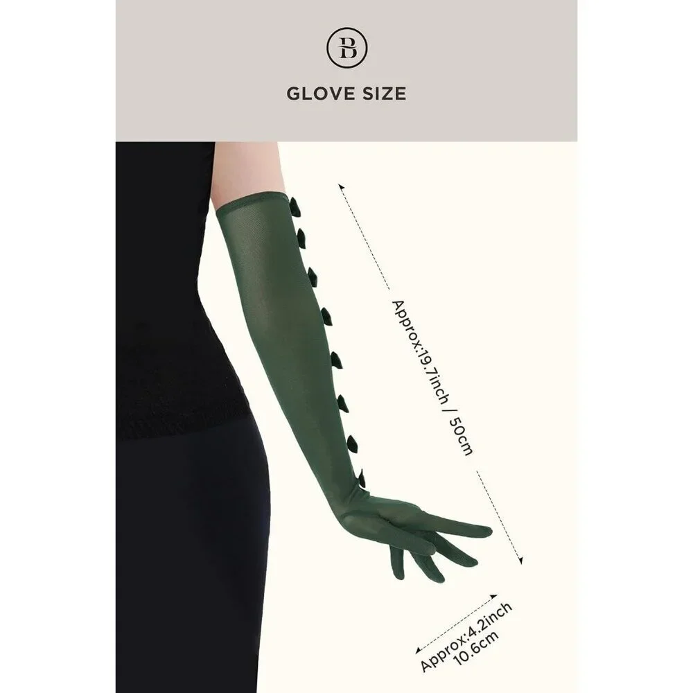 Women's Princess Green Long Sleeves Gloves Bow Lace Mesh Tulle Party Prom